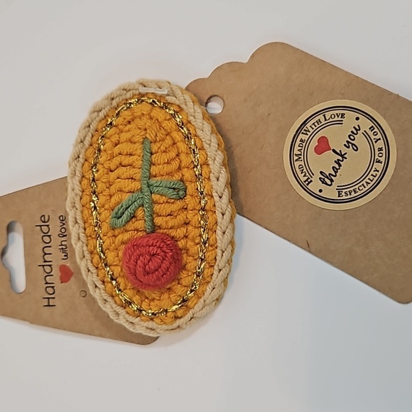 Hand Crafted Hand Knit Crochet  Hair Clip Red Rose embroidered Snap Clip 2.5" - Picture 8 of 17